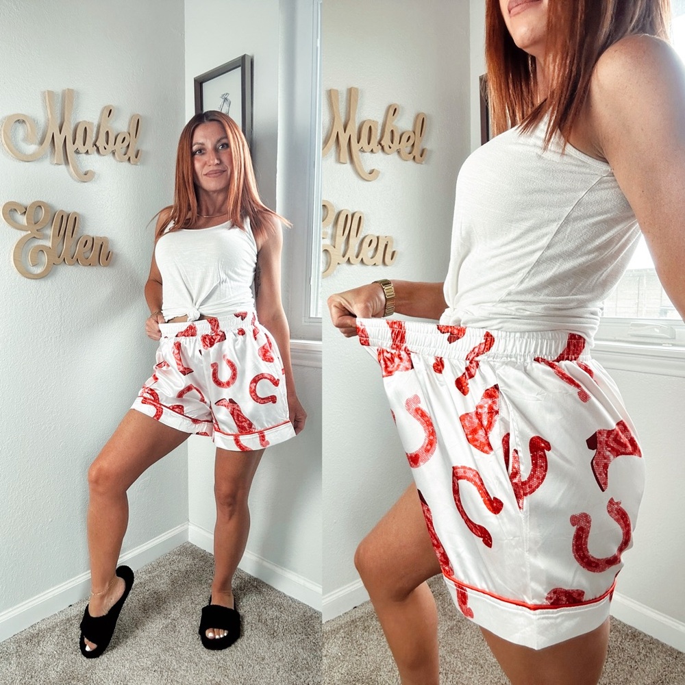Boutique chic White & pink western coastal cowgirl silky lounge shorts size XL